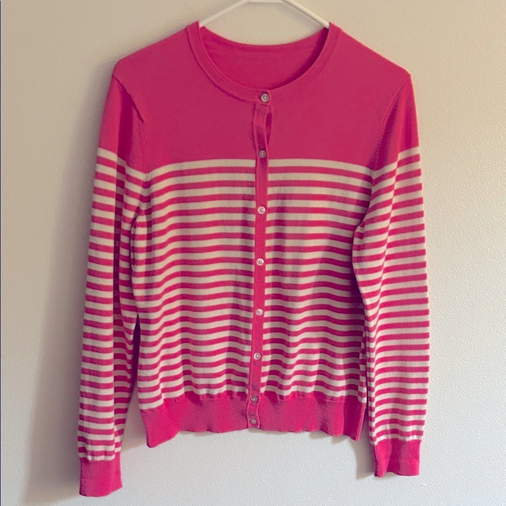 Lands' End Pink/Cream Stripe Stretch Soft Knit Ribbed Cuffs/Hem Cardigan Sweater